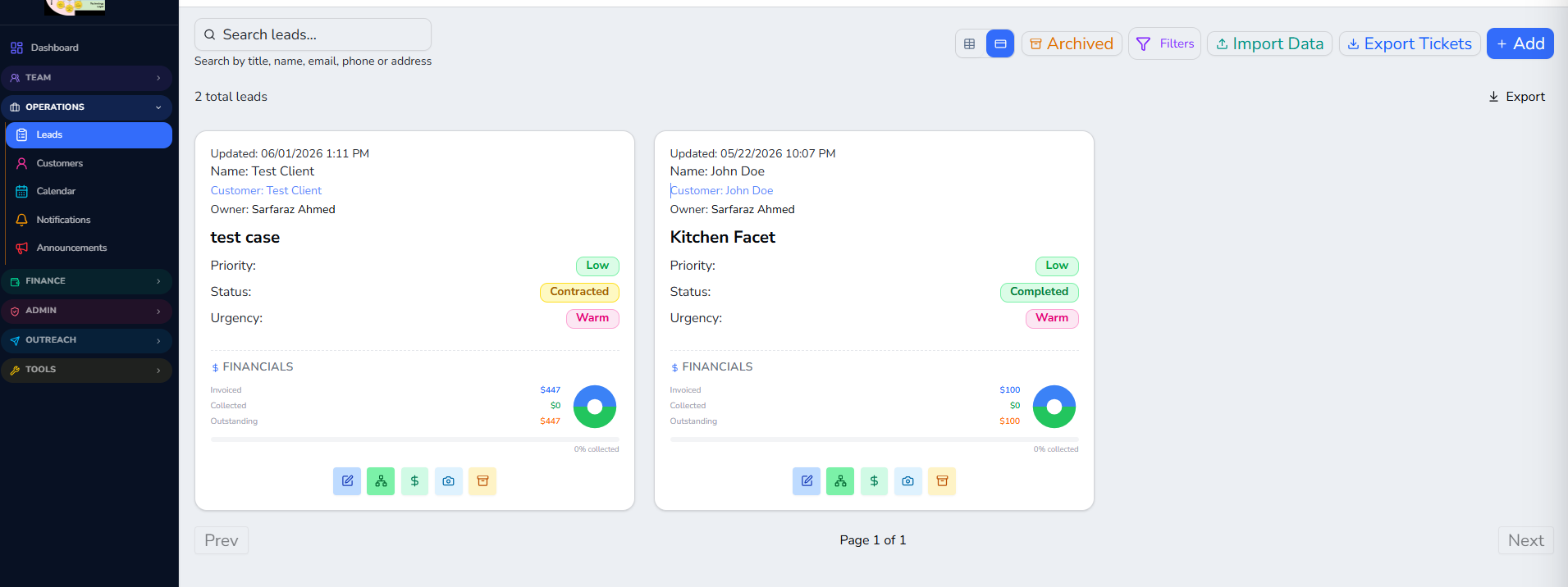 Lead2Work CRM dashboard