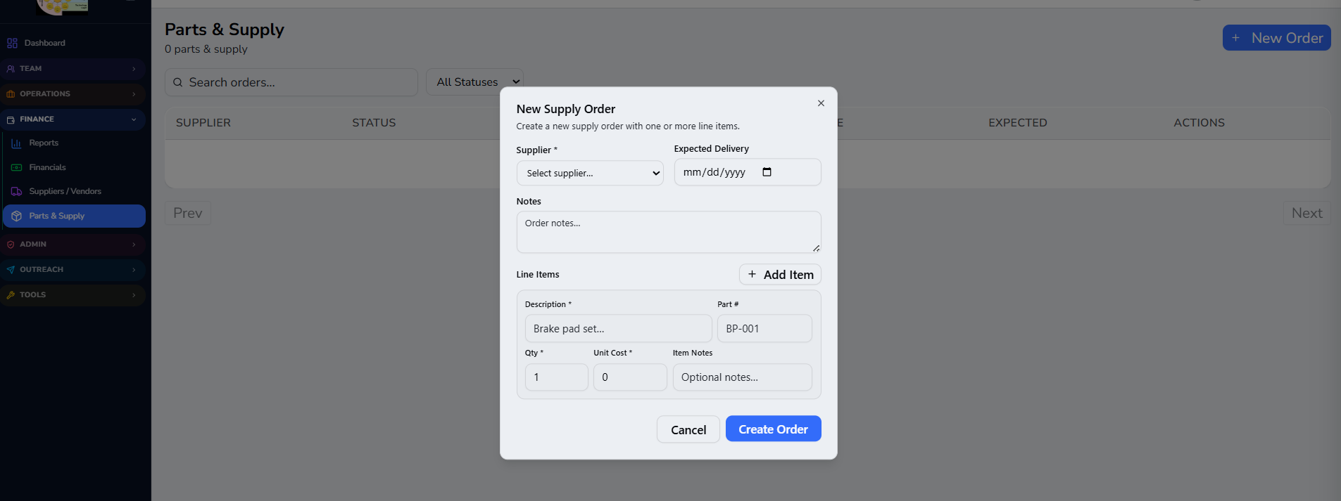 Parts & Supply Orders screenshot