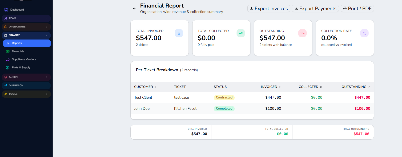 Financial Reports screenshot